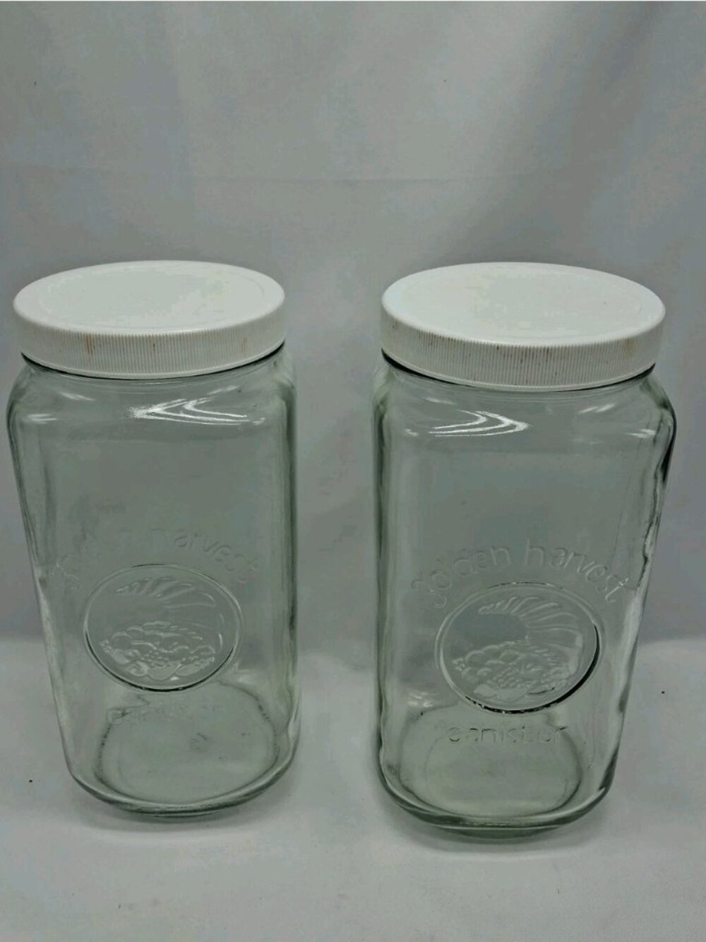 Set of 2- Vintage Golden Harvest Glass Canister, White Lid, 9 1/4” Tall